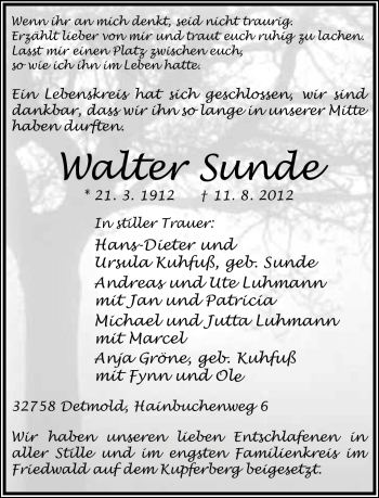 Anzeige  Walter Sunde  Lippische Landes-Zeitung