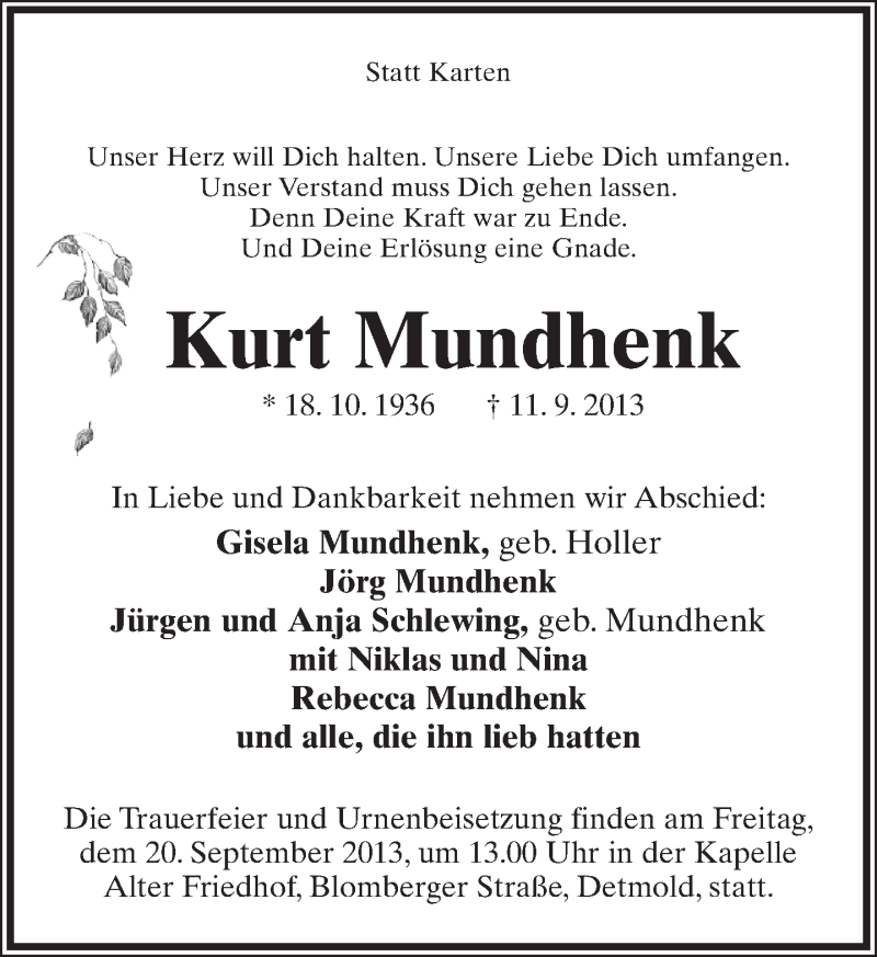  Traueranzeige für Kurt Mundhenk vom 14.09.2013 aus Lippische Landes-Zeitung