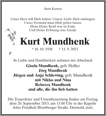 Anzeige  Kurt Mundhenk  Lippische Landes-Zeitung