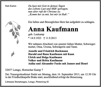 Anzeige  Anna Kaufmann  Lippische Landes-Zeitung