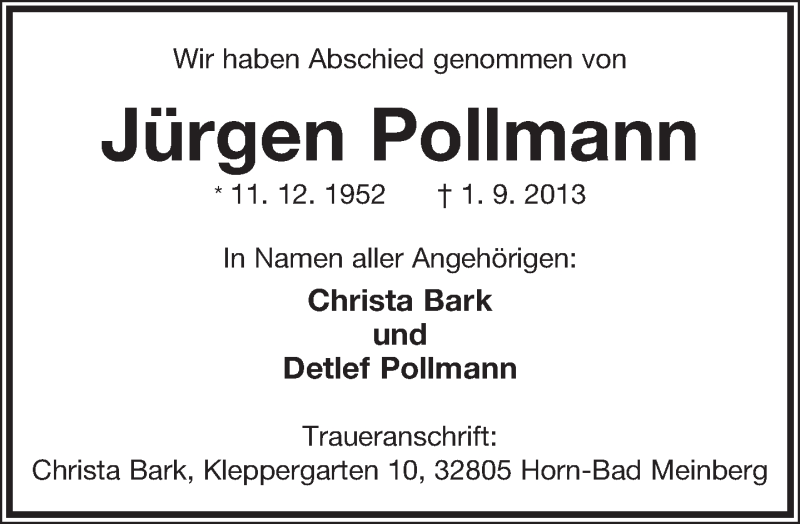  Traueranzeige für Jürgen Pollmann vom 14.09.2013 aus Lippische Landes-Zeitung