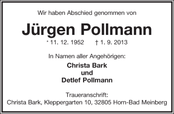 Anzeige  Jürgen Pollmann  Lippische Landes-Zeitung