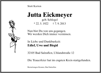 Anzeige  Jutta Eickmeyer  Lippische Landes-Zeitung
