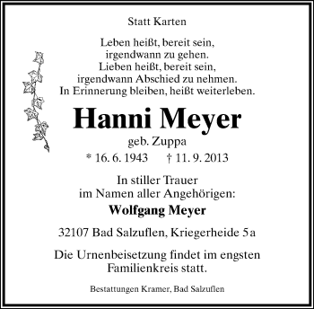 Anzeige  Hanni Meyer  Lippische Landes-Zeitung