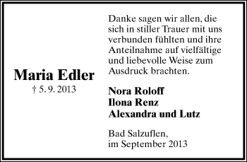 Anzeige  Maria Edler  Lippische Landes-Zeitung