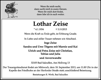 Anzeige  Lothar Zeise  Lippische Landes-Zeitung
