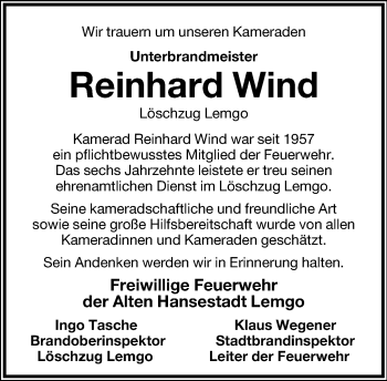 Anzeige  Reinhard Wind  Lippische Landes-Zeitung