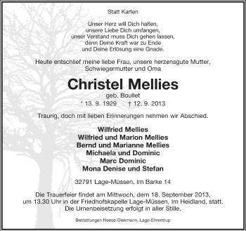 Anzeige  Christel Mellies  Lippische Landes-Zeitung
