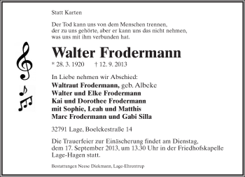 Anzeige  Walter Frodermann  Lippische Landes-Zeitung