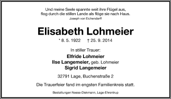 Anzeige  Elisabeth Lohmeier  Lippische Landes-Zeitung