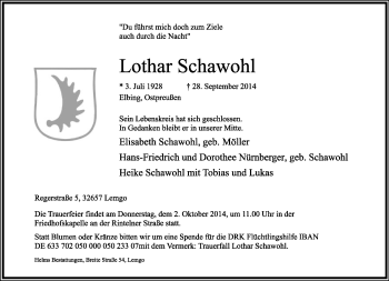 Anzeige  Lothar Schawohl  Lippische Landes-Zeitung