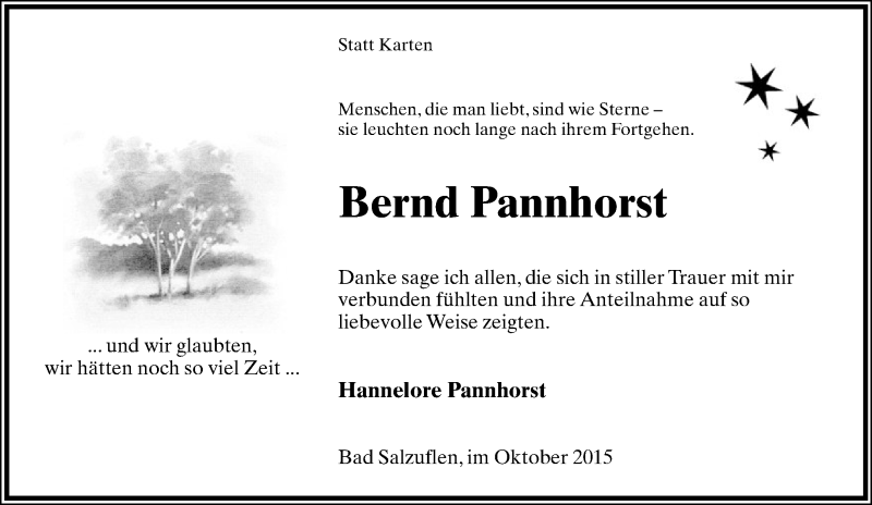  Traueranzeige für Bernd Pannhorst vom 24.10.2015 aus Lippische Landes-Zeitung