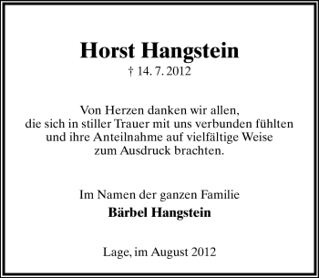Anzeige  Horst Hangstein  Lippische Landes-Zeitung
