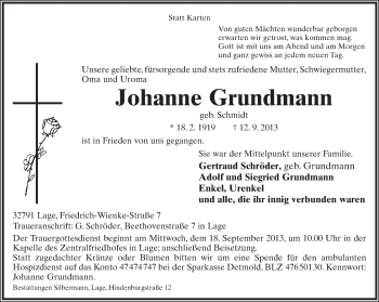Anzeige  Johanne Grundmann  Lippische Landes-Zeitung