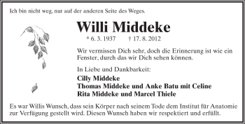 Anzeige  Willi Middeke  Lippische Landes-Zeitung