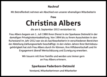 Anzeige  Christina Albers  Lippische Landes-Zeitung