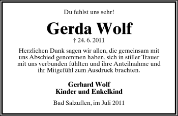 Anzeige  Gerda Wolf  Lippische Landes-Zeitung