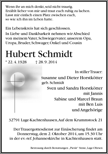 Anzeige  Hubert Schmidt  Lippische Landes-Zeitung