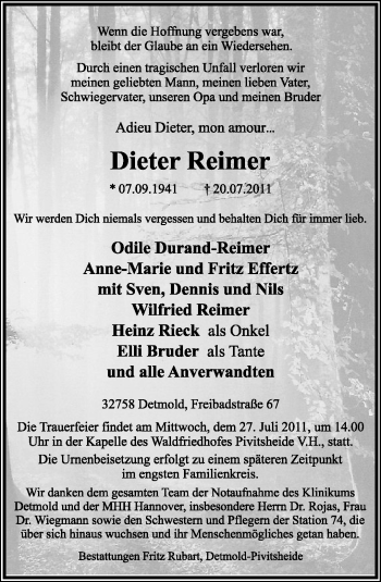Anzeige  Dieter Reimer  Lippische Landes-Zeitung