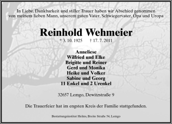 Anzeige  Reinhold Wehmeier  Lippische Landes-Zeitung