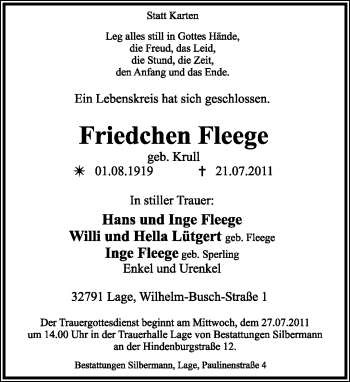 Anzeige  Friedchen Fleege  Lippische Landes-Zeitung