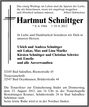 Anzeige  Hartmut Schnittger  Lippische Landes-Zeitung