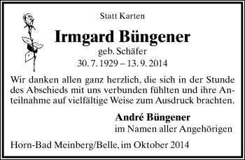 Anzeige  Irmgard Büngener  Lippische Landes-Zeitung
