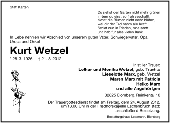 Anzeige  Kurt Wetzel  Lippische Landes-Zeitung