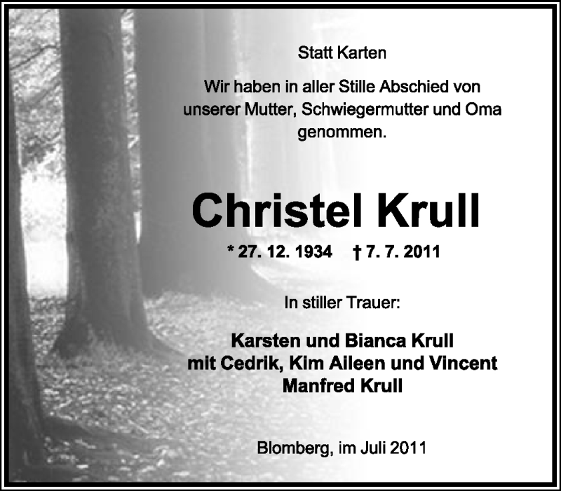  Traueranzeige für Christel Krull vom 23.07.2011 aus Lippische Landes-Zeitung