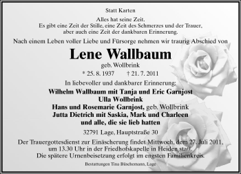 Anzeige  Lene Wallbaum  Lippische Landes-Zeitung
