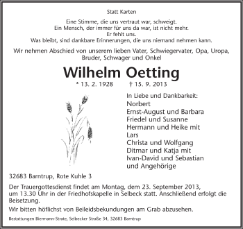 Anzeige  Wilhelm Oetting  Lippische Landes-Zeitung