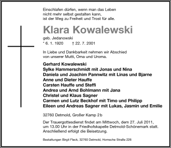 Anzeige  Klara Kowalewski  Lippische Landes-Zeitung