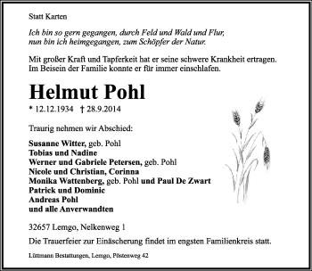 Anzeige  Helmut Pohl  Lippische Landes-Zeitung