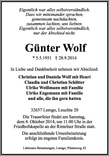 Anzeige  Günter Wolf  Lippische Landes-Zeitung