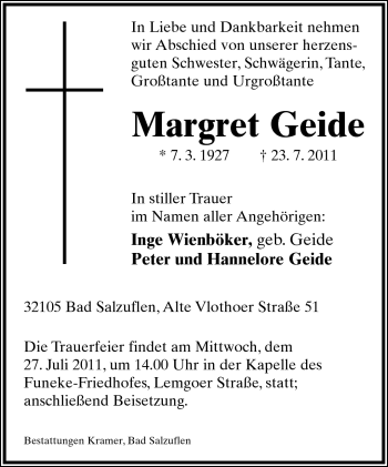 Anzeige  Margret Geide  Lippische Landes-Zeitung