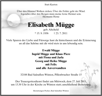 Anzeige  Elisabeth Mügge  Lippische Landes-Zeitung