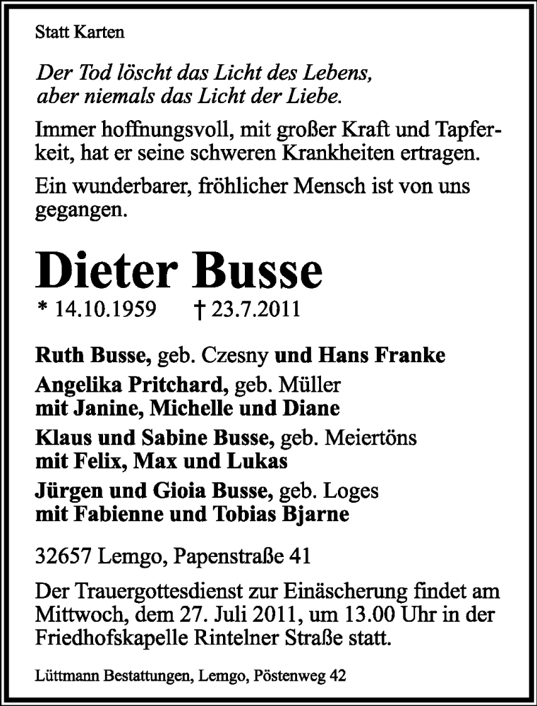  Traueranzeige für Dieter Busse vom 25.07.2011 aus Lippische Landes-Zeitung