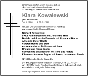Anzeige  Klara Kowalewski  Lippische Landes-Zeitung