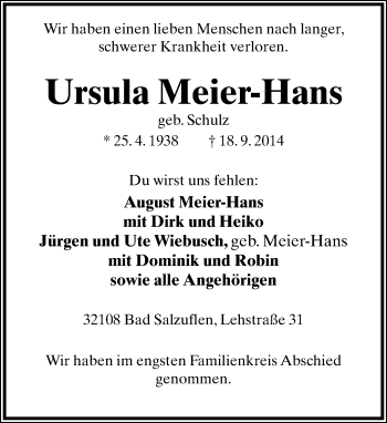 Anzeige  Ursula Meier-Hans  Lippische Landes-Zeitung