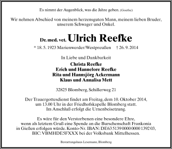 Anzeige  Ulrich Reefke  Lippische Landes-Zeitung