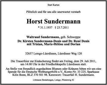 Anzeige  Horst Sundermann  Lippische Landes-Zeitung