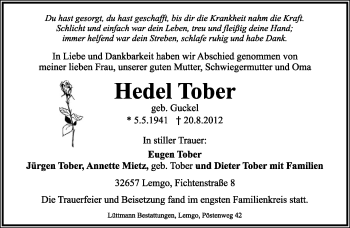 Anzeige  Hedel Tober  Lippische Landes-Zeitung