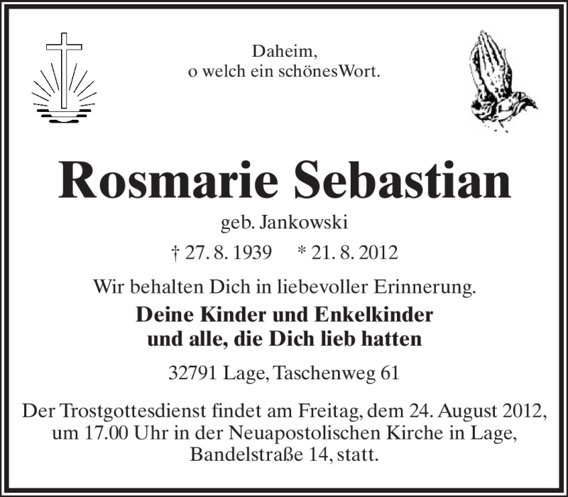  Traueranzeige für Rosemarie Sebastian vom 23.08.2012 aus Lippische Landes-Zeitung