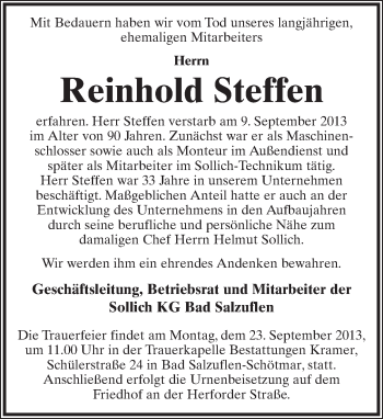 Anzeige  Reinhold Steffen  Lippische Landes-Zeitung