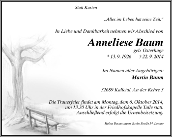 Anzeige  Anneliese Baum  Lippische Landes-Zeitung