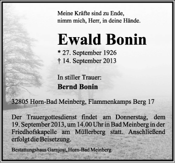 Anzeige  Ewald Bonin  Lippische Landes-Zeitung