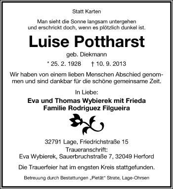 Anzeige  Luise Pottharst  Lippische Landes-Zeitung