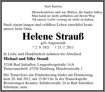 Anzeige  Helene Strauß  Lippische Landes-Zeitung