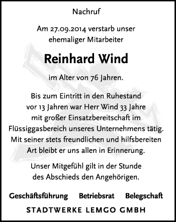 Anzeige  Reinhard Wind  Lippische Landes-Zeitung