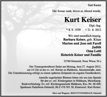 Anzeige  Kurt Keiser  Lippische Landes-Zeitung